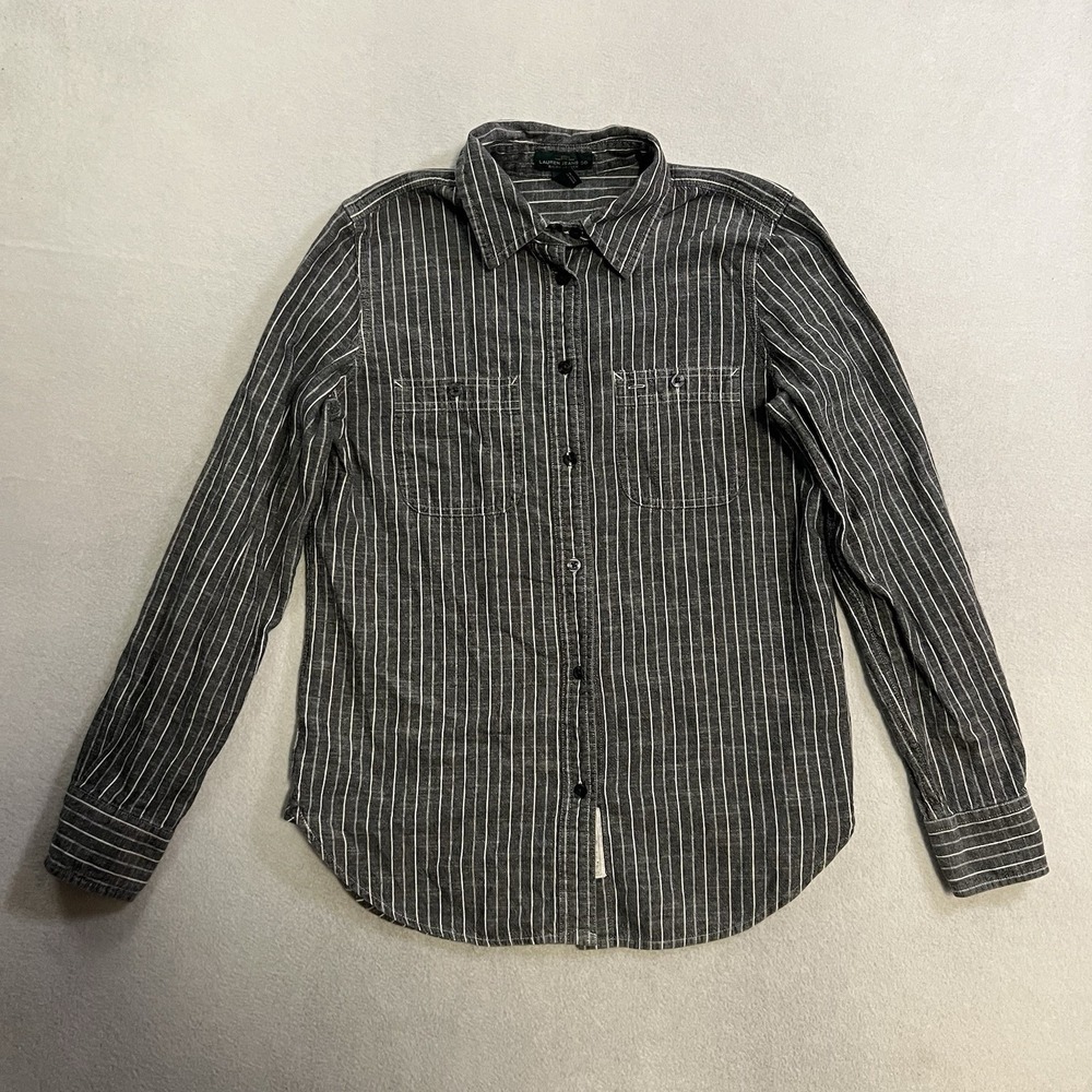 VTG Lauren Ralph Lauren Shirt Women's Small Gray White Striped Button Down Twill